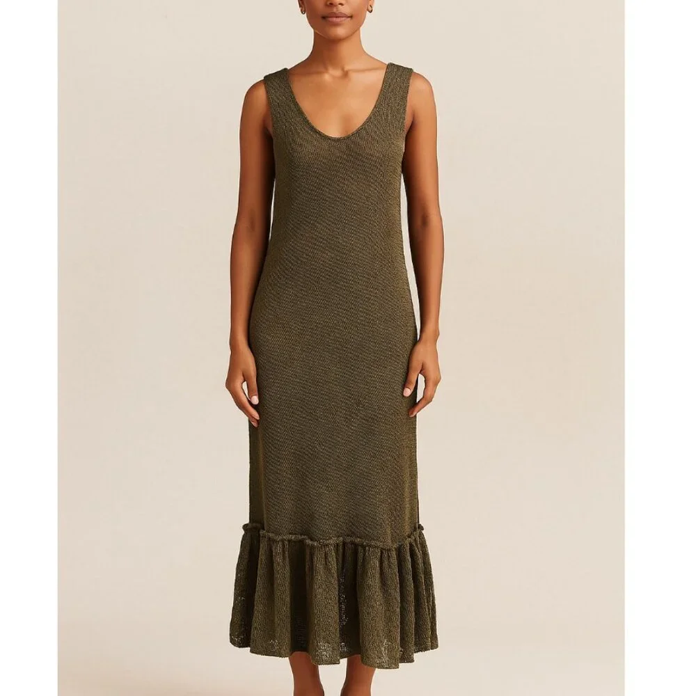 SKIF / SKIFO Olive Green Cotton Hemp Sleeveless Knit Midi to Maxi Dress S/M $222